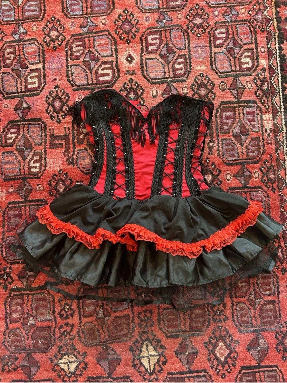 Vintage Handmade Burlesque Corset Mini Dress Red Black Fringe Gothic Tutu XS/S